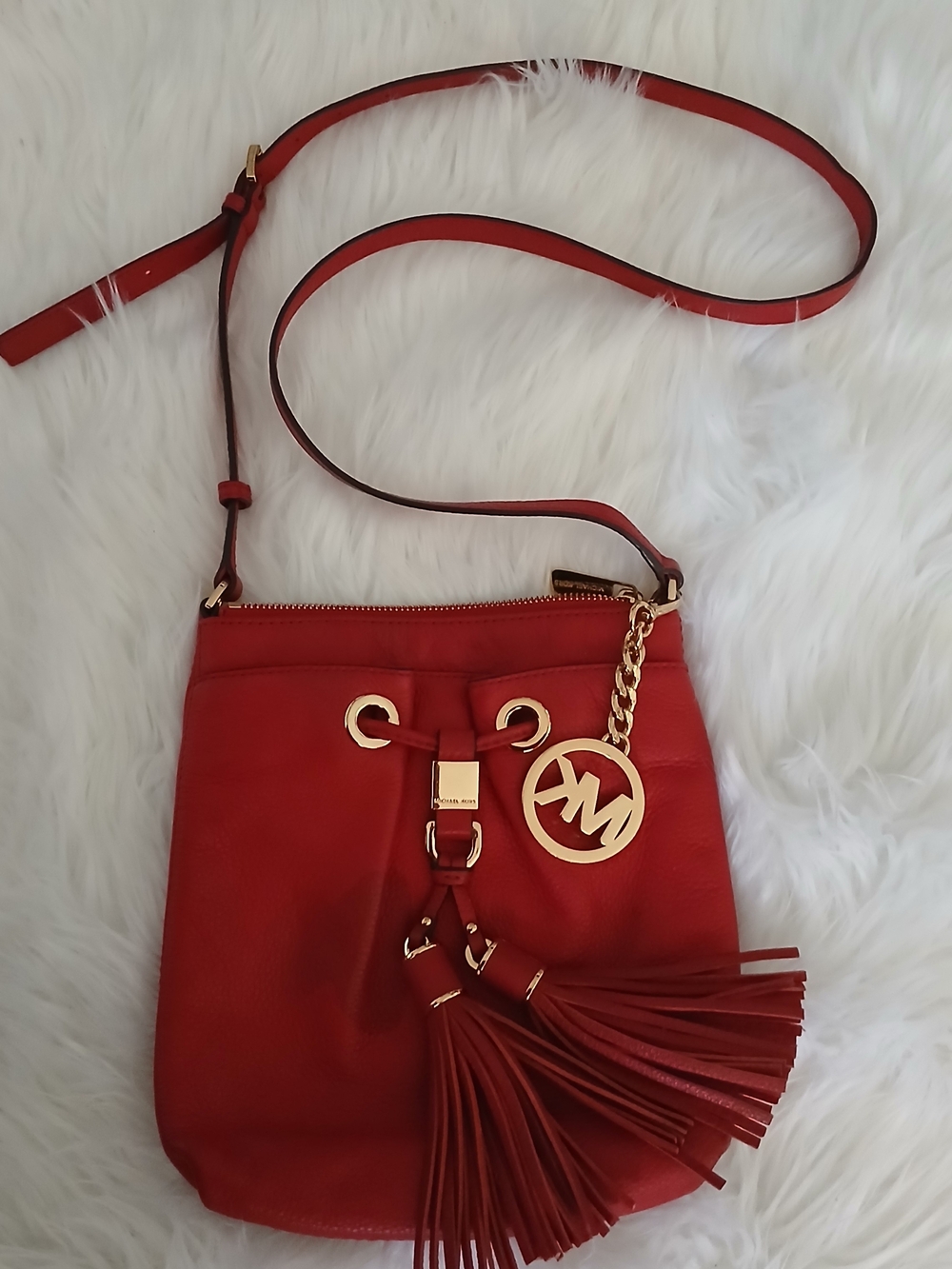 Michael Kors Red Leather Crossbody Bucket Bag